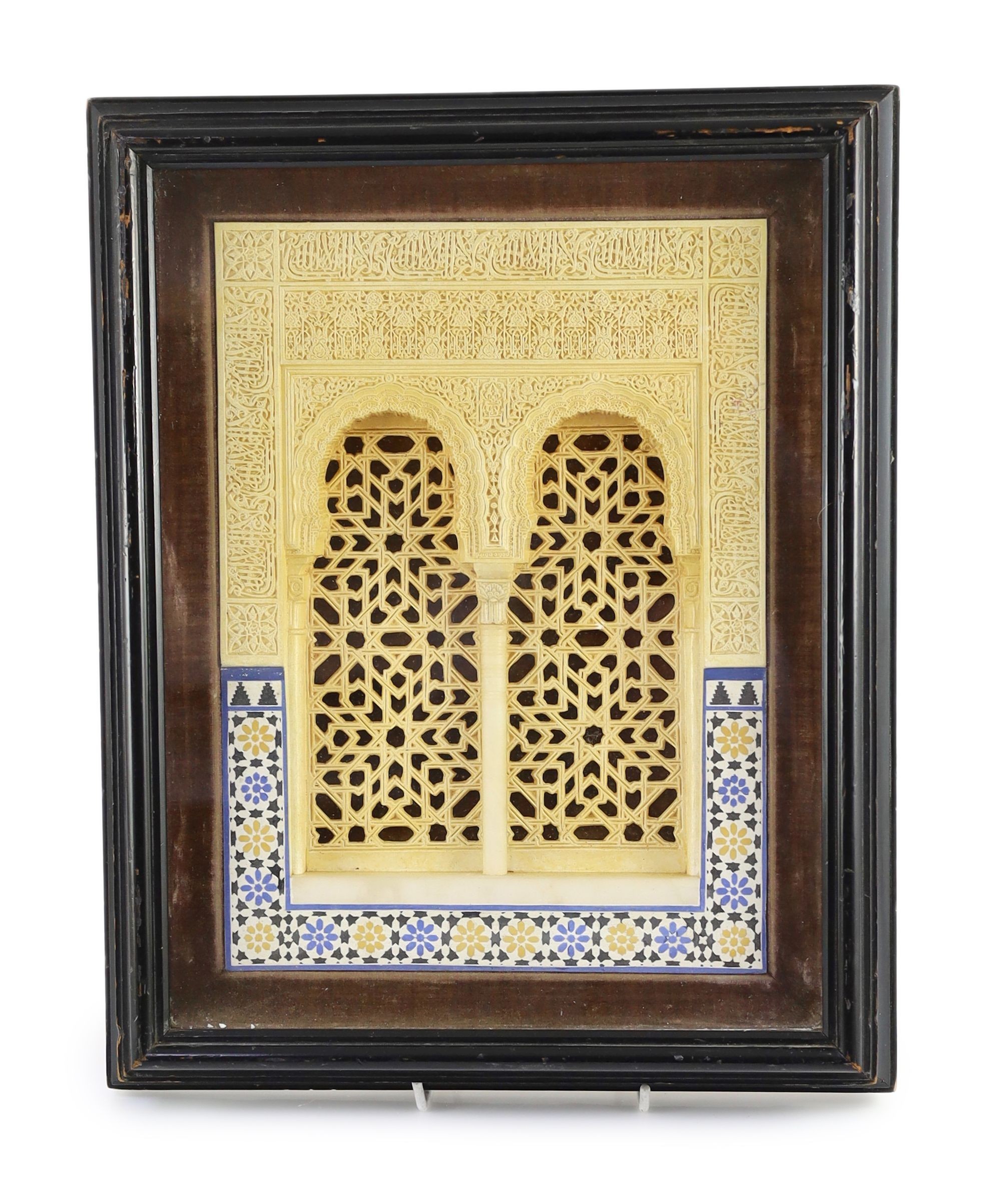 A 19th century Spanish Rafael Contreras plaster, alabaster and bisque twin arched facade, 29 x 21 cm plus frame